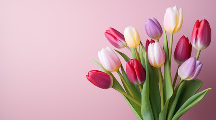 Obraz na płótnie Canvas Bouquet of tulips arranged against a soft pink background
