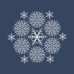 Fototapeta na wymiar Author's design of white hexagonal vector snowflake on blue background