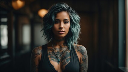 beautiful girl with tattoo and blue hair