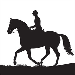 Starlit Horseback Serenade: Silhouette of Rider and Noble Horse in Night's Embrace - Man riding horse stock vector - Black vector horse riding Silhouette
