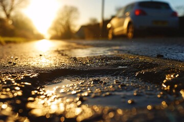 A pothole on a street with a car driving by Generative AI