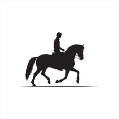 Moonlit Equestrian Dance: Silhouetted Rider and Steed in Celestial Waltz - Man riding horse stock vector - Black vector horse riding Silhouette
