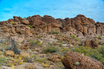 Fototapeta na wymiar Mountain erosion formations of red mountain sandstones, desert landscape. Arizona