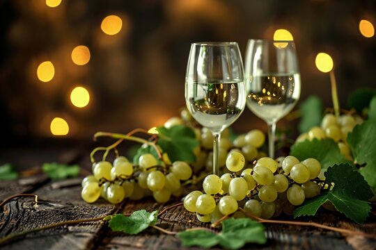 Two Glasses of Wine with Green Leaves Generative AI