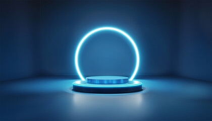Blue empty podium with glowing neon frame in the dark for product presentation. 3D rendering, ai art