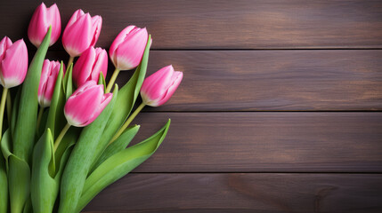 Vibrant pink tulips with green stems and leaves, lined up against a wooden background.