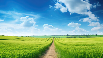 Serene rural landscape with a vibrant green wheat field under a clear blue sky with fluffy white clouds