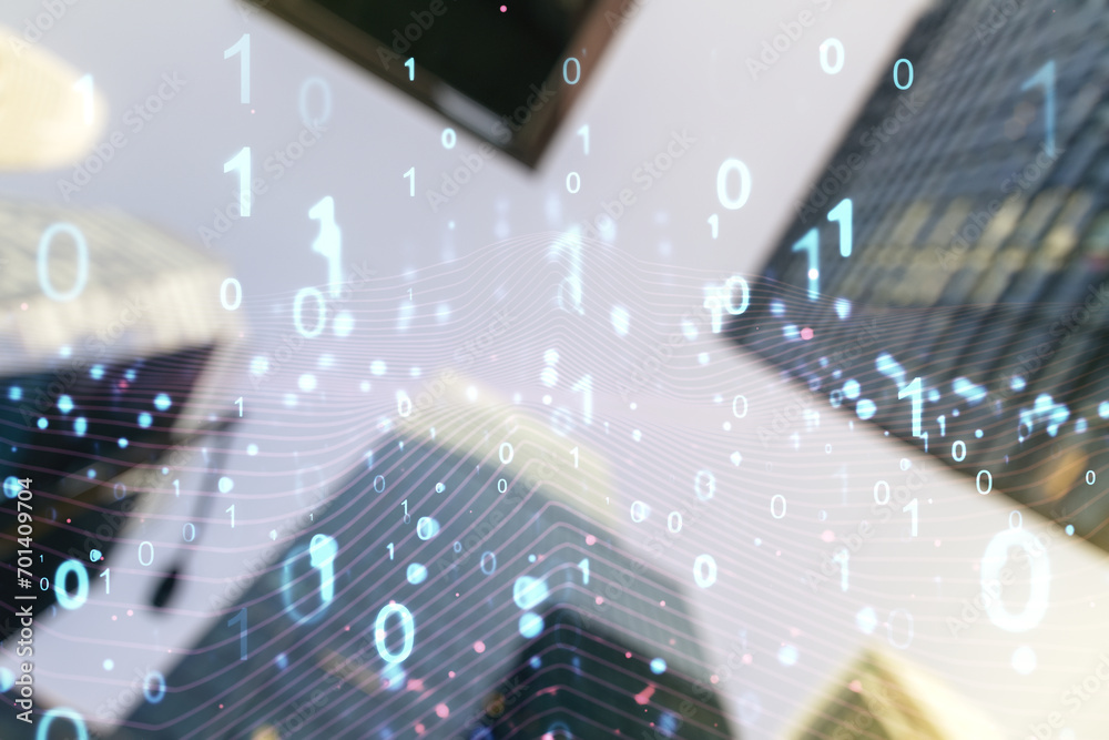Leinwandbilder abstract virtual binary code illustration on office buildings background. big data and coding concep