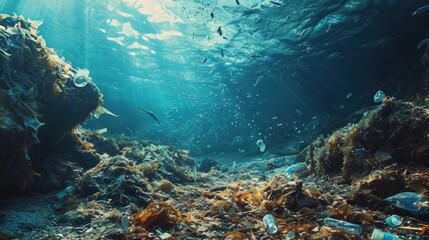 Plastic waste under the seabed. Plastic pollution in the ocean. Trash in the ocean. Environmental and recycling concepts - obrazy, fototapety, plakaty