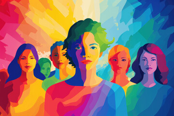 Colorful abstract art of diverse women's faces, Greeting card for International Women's Day.Publications that discuss gender studies, art, or sociology. - obrazy, fototapety, plakaty
