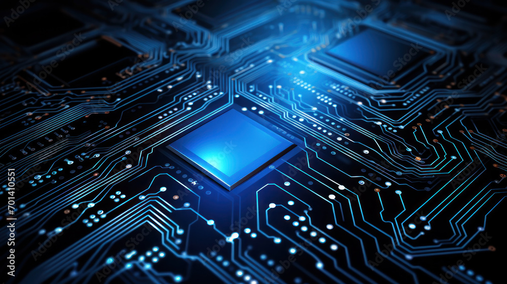 Poster Advanced Technology Concept Visualization: Circuit Board CPU Processor Microchip Starting Artificial Intelligence Digitalization of Neural Networking and Cloud Computing. Digital Lines Move Data.