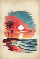 beach with palm trees and sun, Generative AI