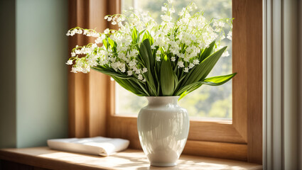 Vase with lilies of the valley in the room