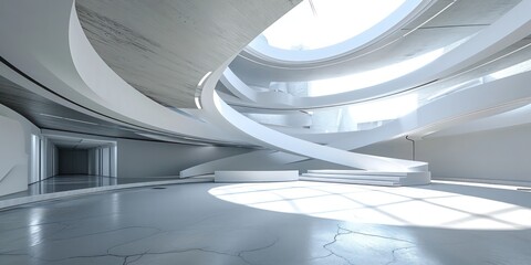 Empty abstract architectural building characterized by minimal concrete design open floor plan with...