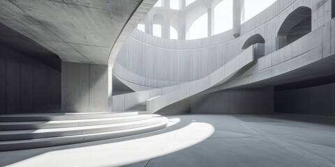 Empty abstract architectural building characterized by minimal concrete design open floor plan with...