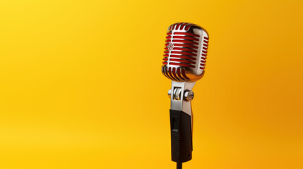 Retro style microphone on black, microphone in front of the crowd, Music background with microphone, Vintage microphone on yellow background, Podcast Karaoke Background, Generative AI