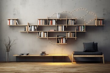 A modern and fancy wall-hanging bookshelf for home decor - obrazy, fototapety, plakaty