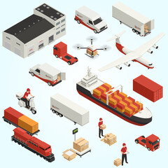 cargo transportation isometric icons logistic delivery by various vehicles drone technology - obrazy, fototapety, plakaty