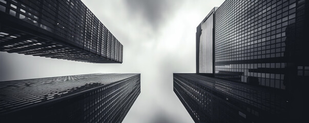 Bottom view of the skyscraper in black and white photo.