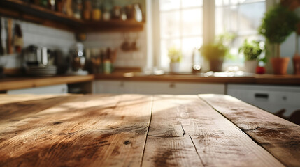 Empty wooden table over defocused modern kitchen background with copy space 