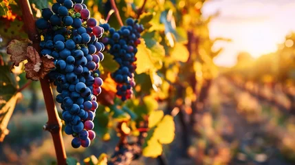 Zelfklevend Fotobehang Black Grapes on Vineyards Background at a Winery on Sunset © Jardel Bassi