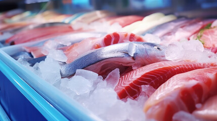 Fresh chilled trout fish and trout fillet at seafood supermarket stall. Selective focus.