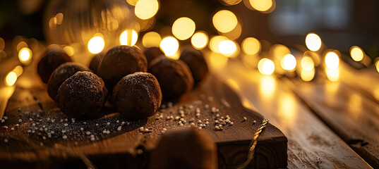 Warm Brown Christmas Truffles Display with Glowing Lights