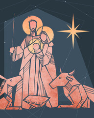 Hand drawn digital illustration or drawing of Jesus Christ Nativity