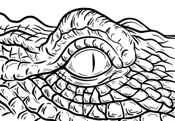 Crocodile eye closeup. Skin texture. Aquatic carnivorous reptile. Alligator and caiman. Predator hunter of Africa. Big animal. Cartoon vector illustration. Hand drawn line black ink