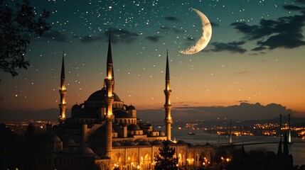 Fototapeta premium Beautiful mosque under the crescent shaped moon at night during ramadhan