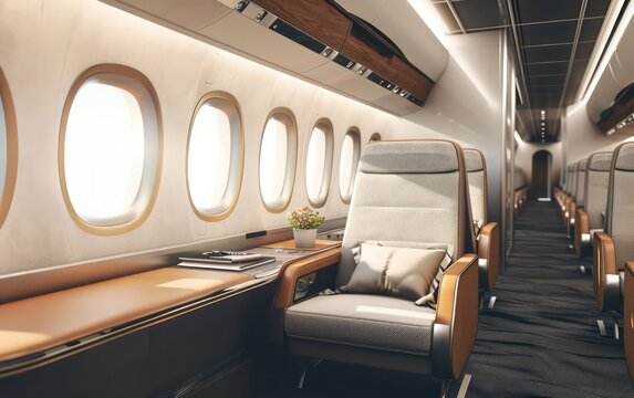 Blank Mockup Signboard in first class business luxury seats for vacations or corporate airplane travel. 
