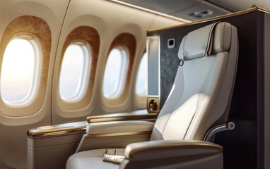 Blank Mockup Signboard in first class business luxury seats for vacations or corporate airplane travel. 