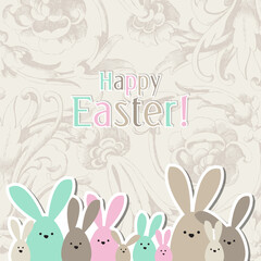 Greeting Easter card, colorful easter bunny family on historical floral background