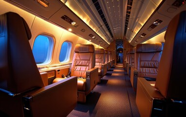 Fototapeta premium Blank Mockup Signboard in first class business luxury seats for vacations or corporate airplane travel. 