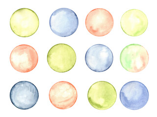 Set of polka dots. Circle in soft pastel colors. Creative minimalist style. Splashes, bubbles, round doodle spots, brush strokes, stains. Watercolor illustration isolated on white.