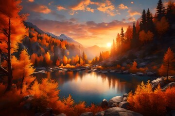 As dawn breaks over the Autumn mountains, envision a surreal scene where the amber sunlight caresses every leaf, - obrazy, fototapety, plakaty
