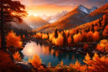 Schilderijen op glas As dawn breaks over the Autumn mountains, envision a surreal scene where the amber sunlight caresses every leaf, © Muhammad