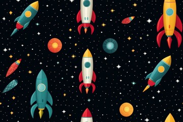 Spaceship, space, planets, elements seamless pattern graphic. Illustration for design of children's rooms, textiles, holidays, wallpapers, backgrounds.