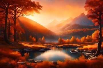 Fototapeta na wymiar As dawn breaks over the Autumn mountains, envision a surreal scene where the amber sunlight caresses every leaf,