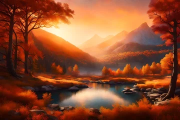 Foto auf Acrylglas As dawn breaks over the Autumn mountains, envision a surreal scene where the amber sunlight caresses every leaf, © Muhammad