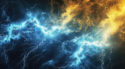 Celestial Fusion: Abstract Blue and Yellow Lightning Ballet. Generative AI - obrazy, fototapety, plakaty