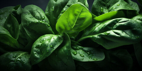 Banner Fresh Green Spinach Leaves on a black background, Inviting Culinary Creativity, Healthy Eating and whole food Concepts, and Vibrant Visual Storytelling with Copy Space