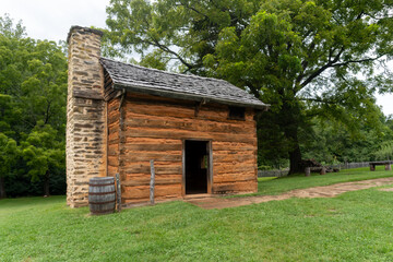 Slave cabin at Booker T. Washington National Monument in rural Virginia. Tobacco farm where...