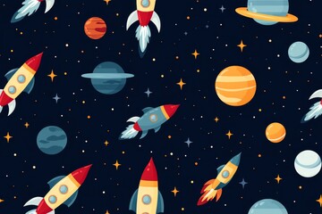 Spaceship, space, planets, elements seamless pattern graphic. Illustration for design of children's rooms, textiles, holidays, wallpapers, backgrounds.