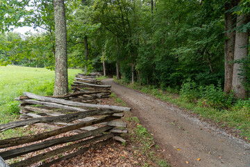 Plantation loop trail at Booker T. Washington National Monument in rural Virginia. Tobacco farm where Booker T. Washington was born into slavery and later freed by the Emancipation Proclamation.