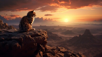 An adventurous cat perched on a rocky cliff, overlooking a vast, untouched desert landscape, with dunes stretching to the horizon.