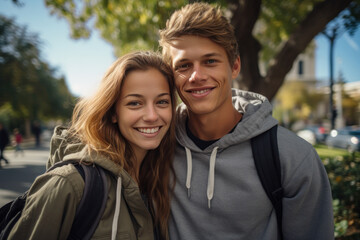 Obraz premium Smiling Young Couple Enjoying a Sunny Day Outdoors 