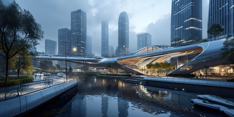 Fototapeta premium Riverside city scene featuring multifunctional architectural pavilions bustling.