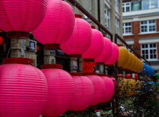A line of brightly coloured Chinese Lanterns - 701417569