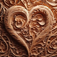 Intricate heart carving on textured beech surface.